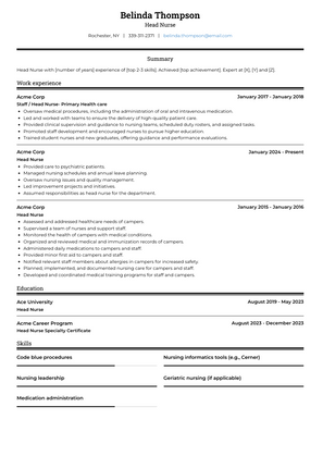 Head Nurse Resume Sample and Template