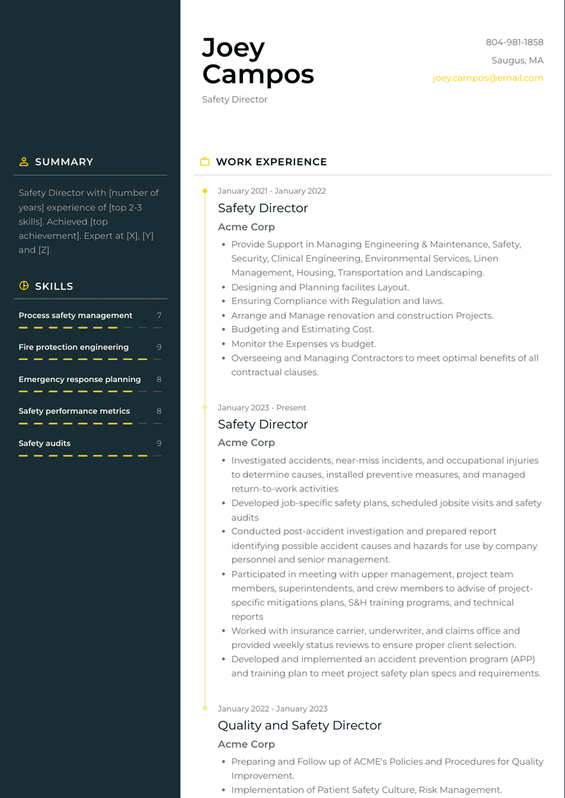 Safety Director Resume Sample and Template