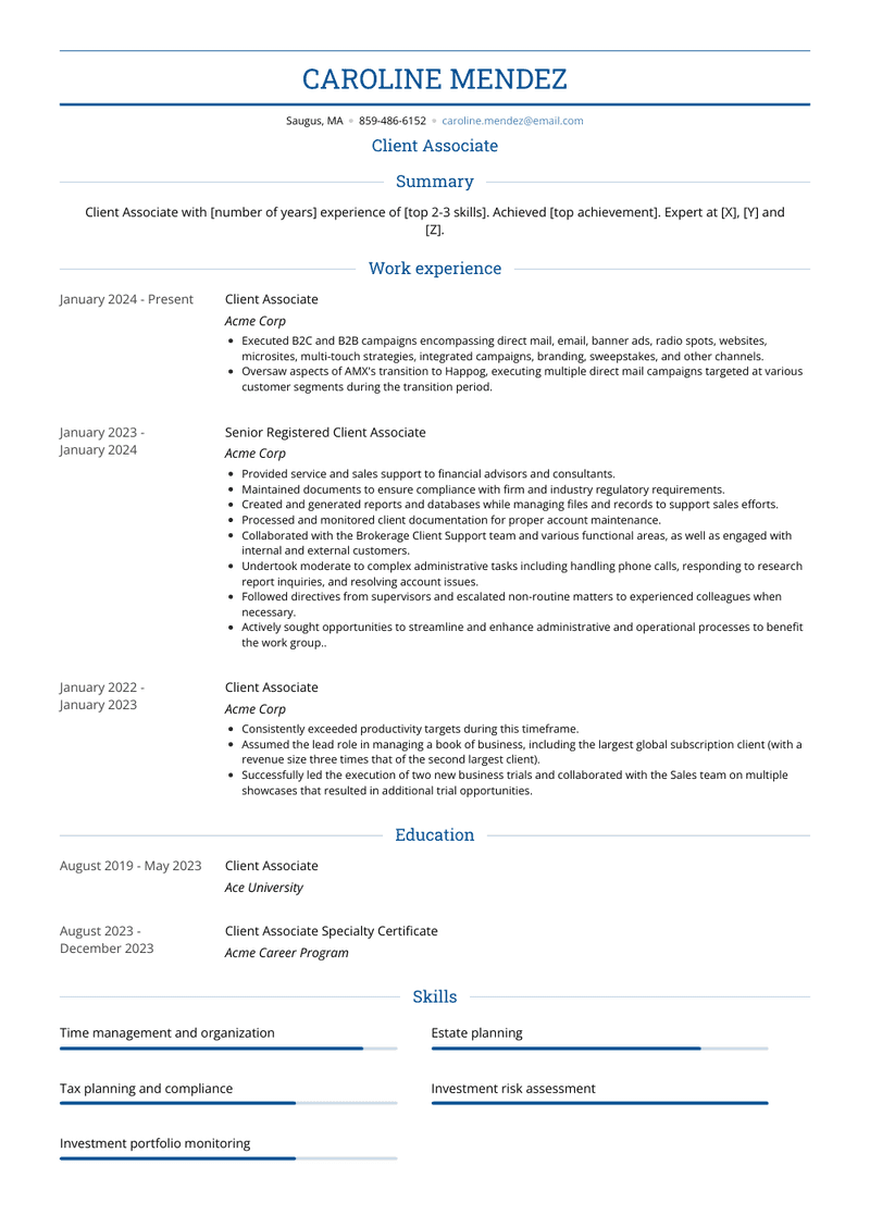 Client Associate Resume Sample and Template