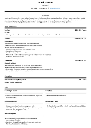 Bar Staff Resume Sample and Template