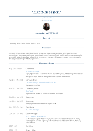 Coach Driver Resume Sample and Template