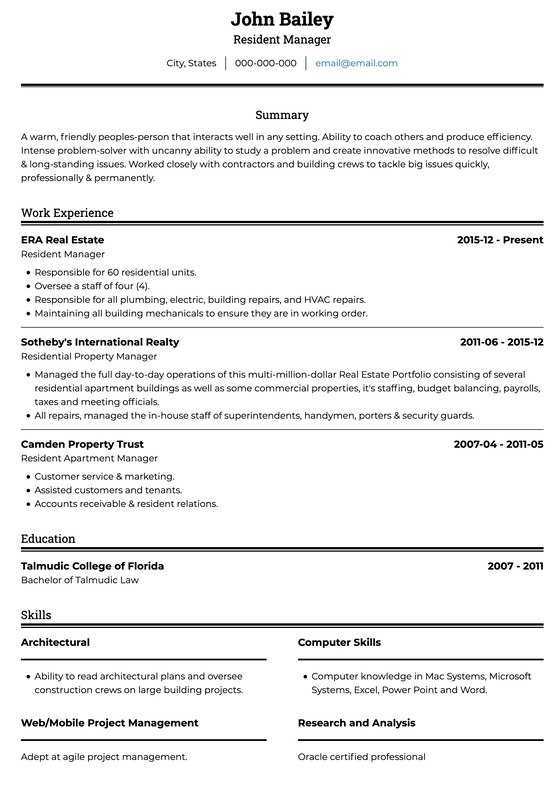 sample resume in us format