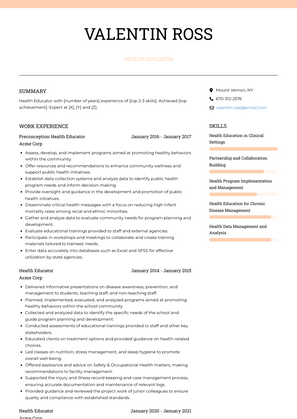 Health Educator Resume Sample and Template