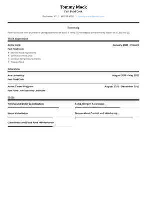 Fast Food Cook Resume Sample and Template
