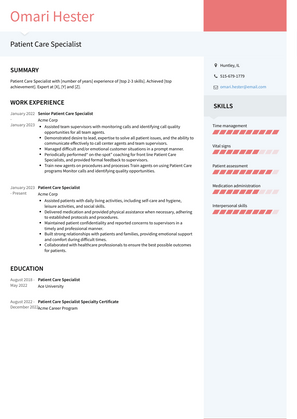 Patient Care Specialist Resume Sample and Template