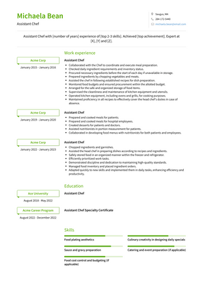 Assistant Chef Resume Sample and Template