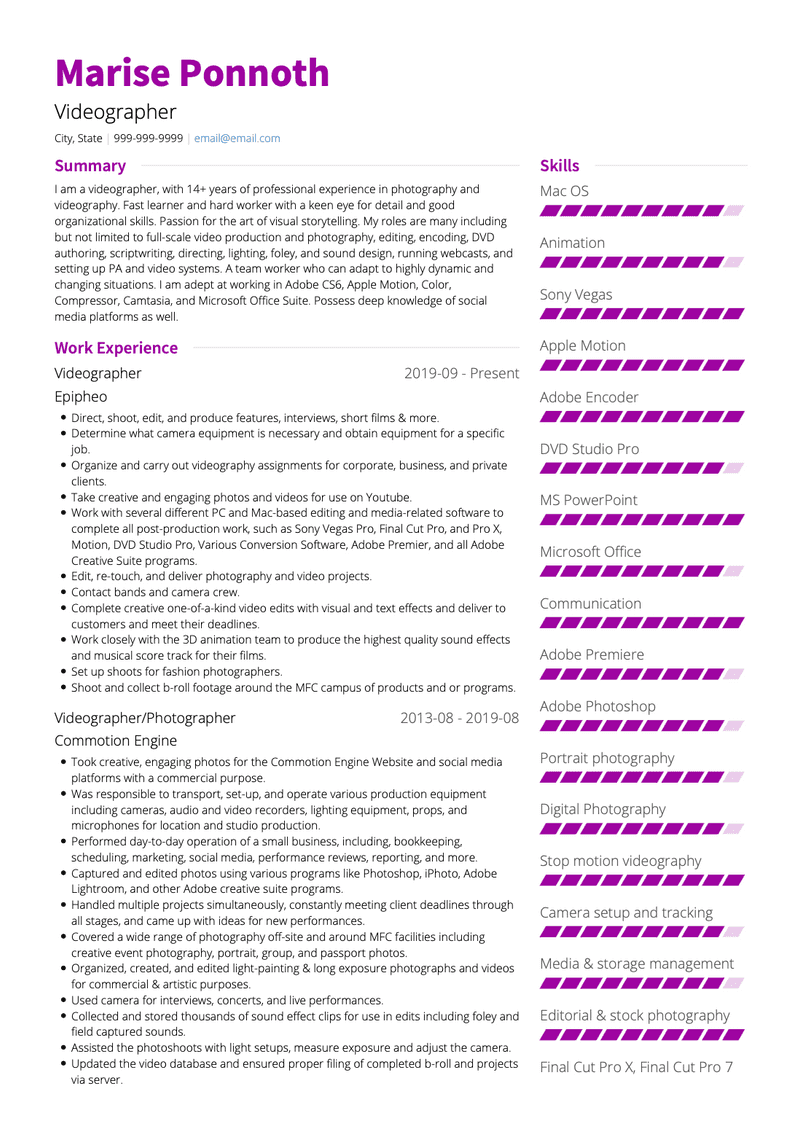 Videographer CV Example and Template