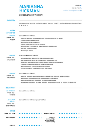 Licensed Veterinary Technician Resume Sample and Template