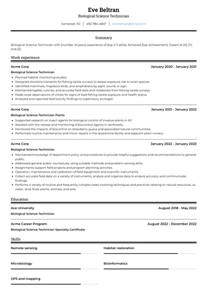 Biological Science Technician Resume Sample and Template