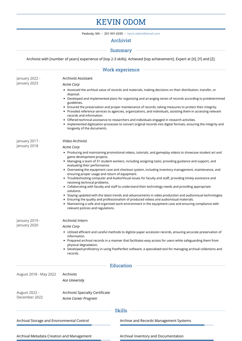 Archivist Resume Sample and Template