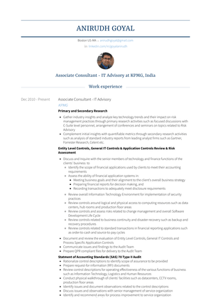 Associate Consultant   It Advisory Resume Sample and Template