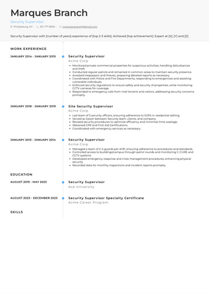 Security Supervisor Resume Sample and Template