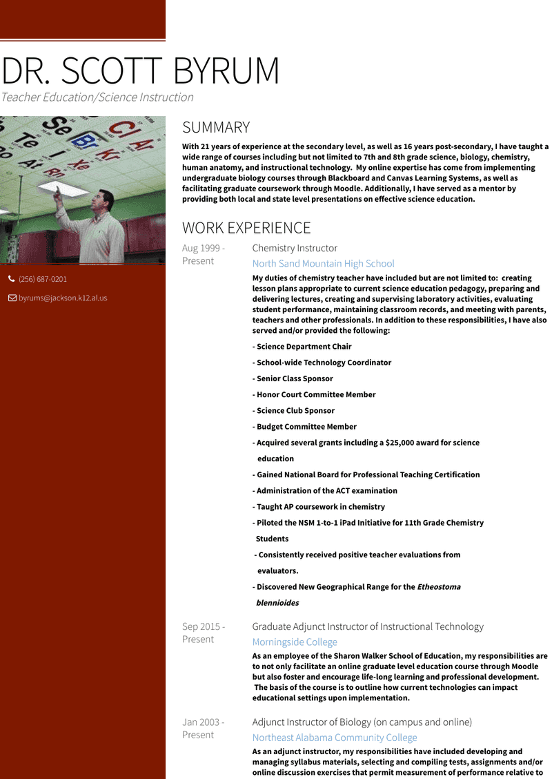 Chemistry Instructor Resume Sample and Template