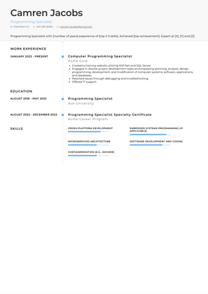 Programming Specialist Resume Sample and Template