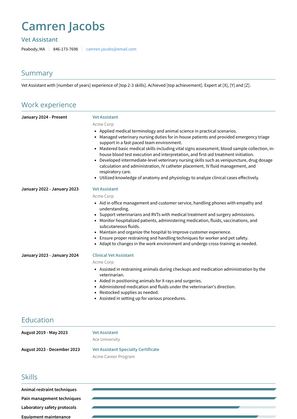 Vet Assistant Resume Sample and Template