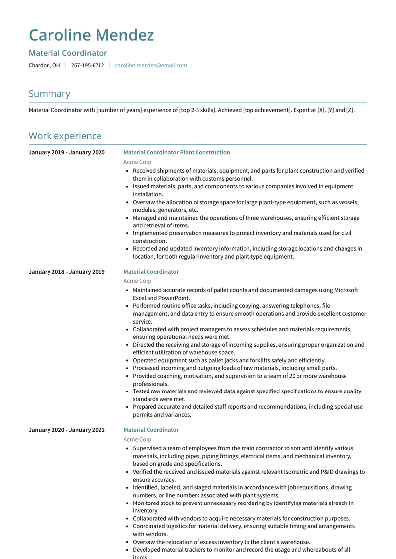Material Coordinator Resume Sample and Template