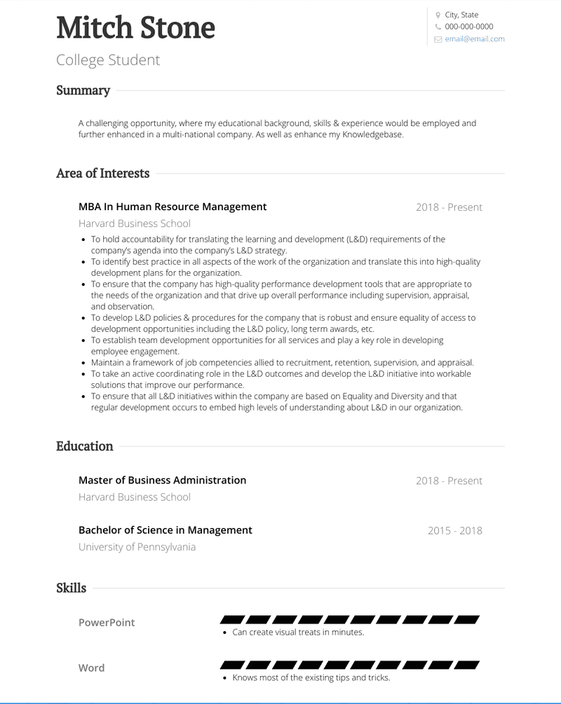 College Student CV Example and Template