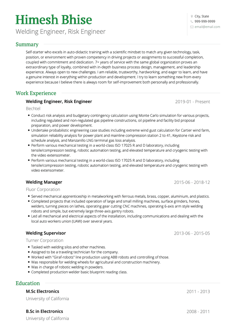 Welding Engineer CV Example and Template