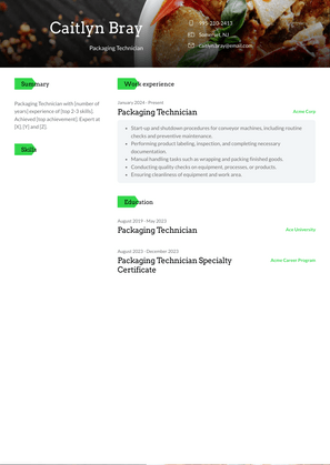 Packaging Technician Resume Sample and Template