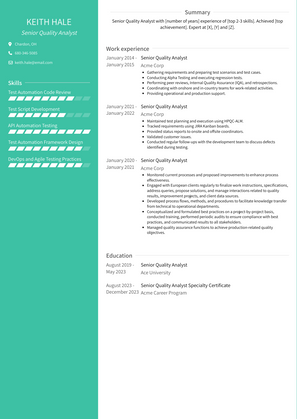 Senior Quality Analyst Resume Sample and Template