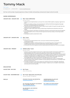 Esl Tutor Resume Sample and Template