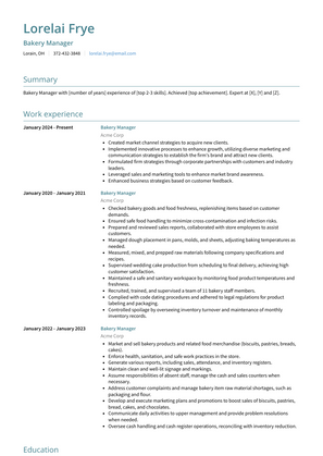 Bakery Manager Resume Sample and Template