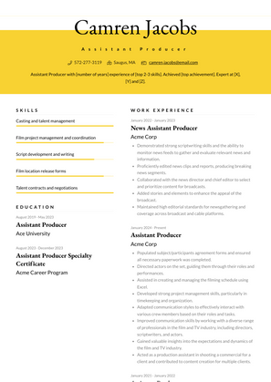 Assistant Producer Resume Sample and Template