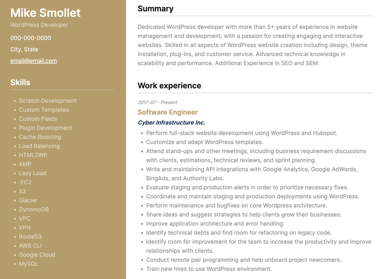 WordPress Developer Resume Example