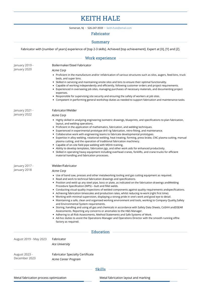 Fabricator Resume Sample and Template