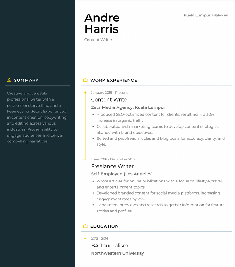 Malaysia Resume Example - Writer