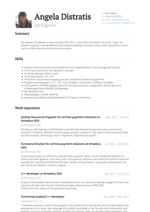 Quality Assurance Engineer For Airlines Payment Solutions At Amadeus Gds Resume Sample and Template