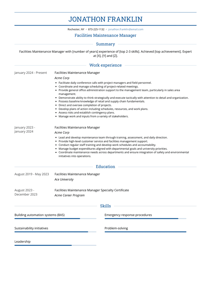 Facilities Maintenance Manager Resume Sample and Template