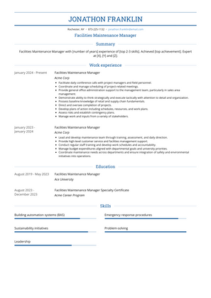 Facilities Maintenance Manager Resume Sample and Template