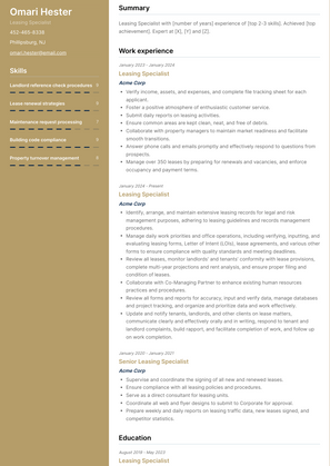 Leasing Specialist Resume Sample and Template