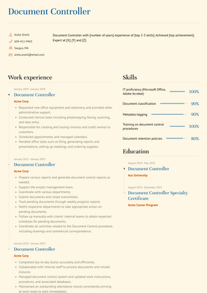 Document Controller Resume Sample and Template