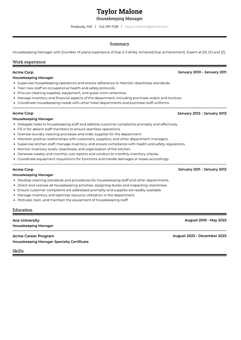 Housekeeping Manager Resume Sample and Template