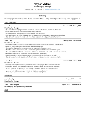 Housekeeping Manager Resume Sample and Template