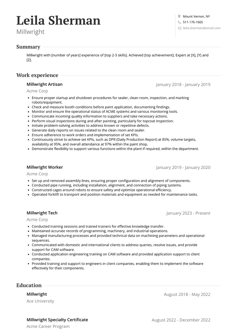 Millwright Resume Sample and Template