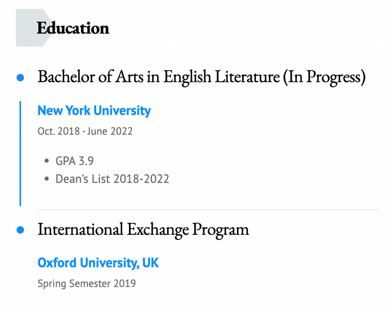 Study abroad education section on resume example