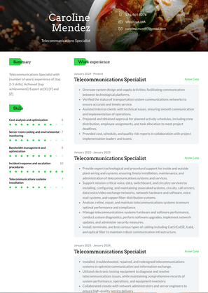 Telecommunications Specialist Resume Sample and Template