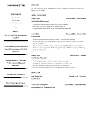 Car Washer Resume Sample and Template