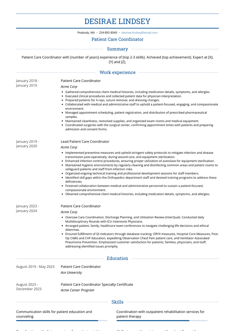 Patient Care Coordinator Resume Sample and Template