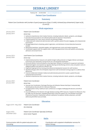 Patient Care Coordinator Resume Sample and Template