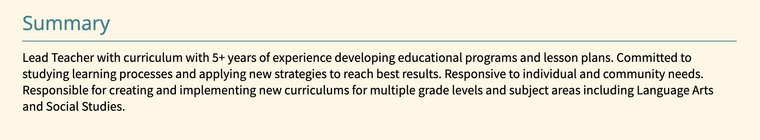 Teacher CV example summary