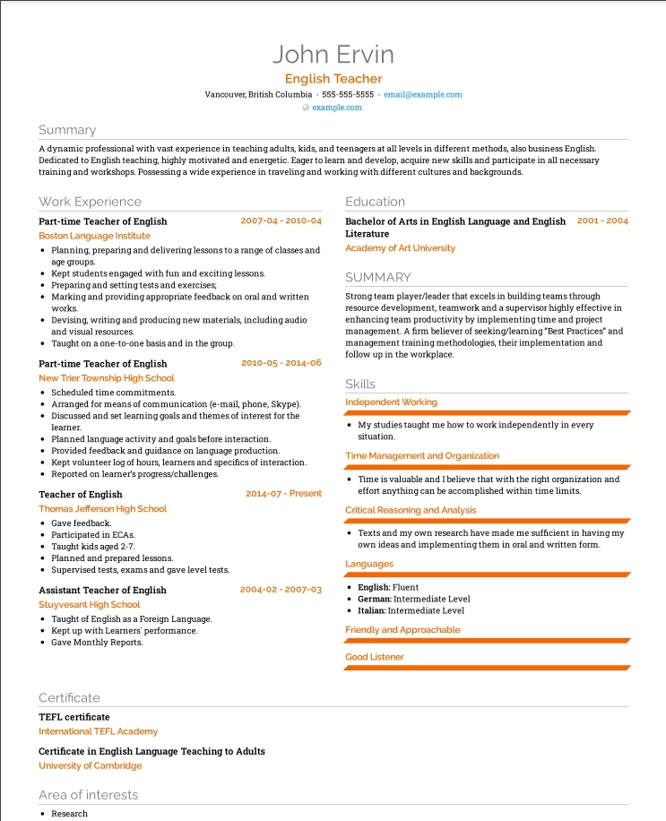 teaching resume example for UAE