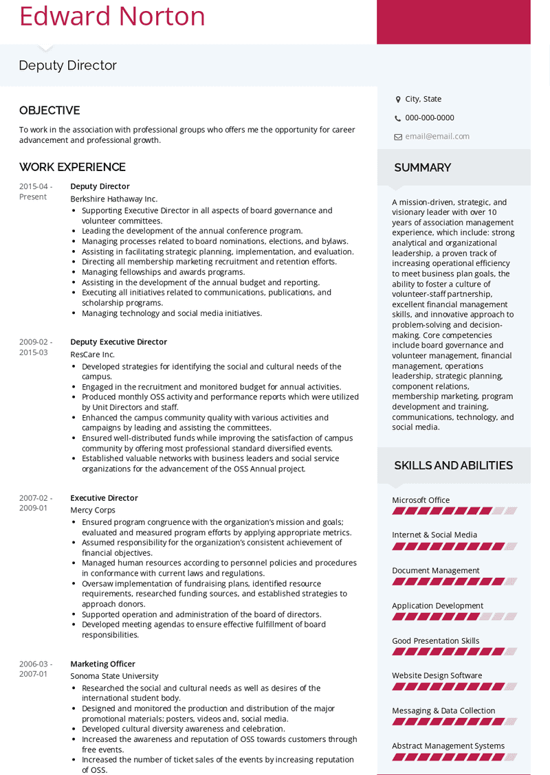 Deputy Director Resume Sample and Template