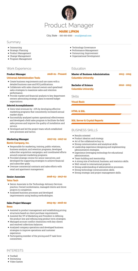 product management resume template usa