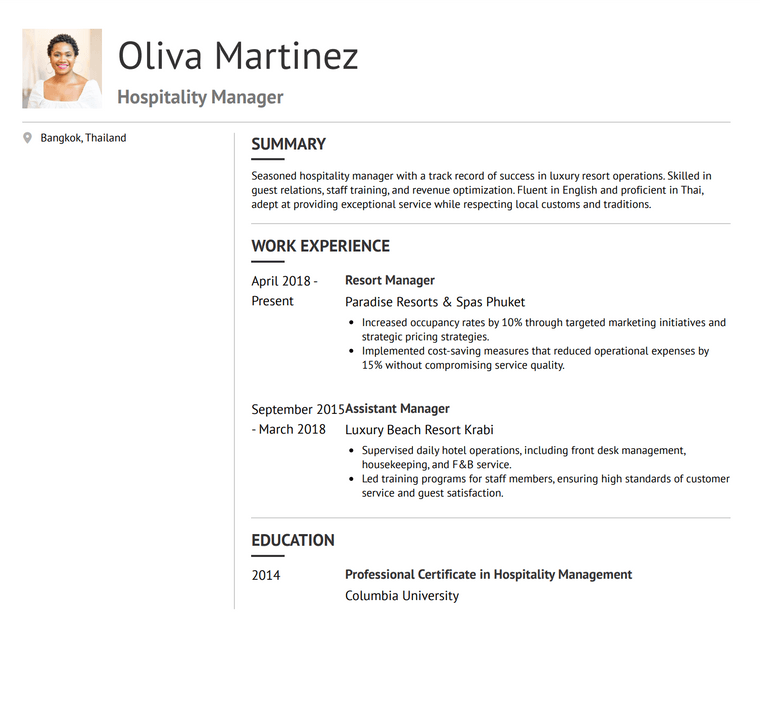 Thailand Resume Example - Corporate