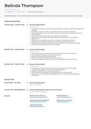 Brand Ambassador Resume Sample and Template