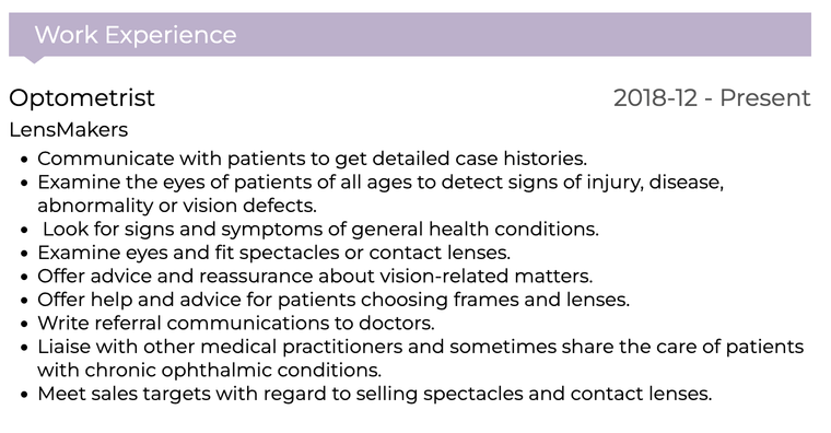 Optometrist CV: Work Experience